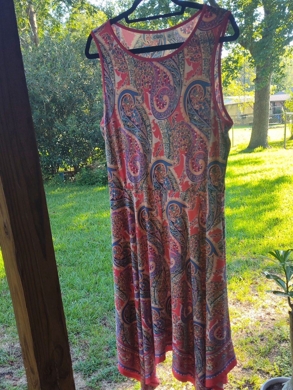 CATO Size XL Coral and Blue Paisley Sleeveless  Dress  With Asymmetrical Hem